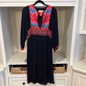 Figue Embroidered Navy Dress with Multicolor Accents